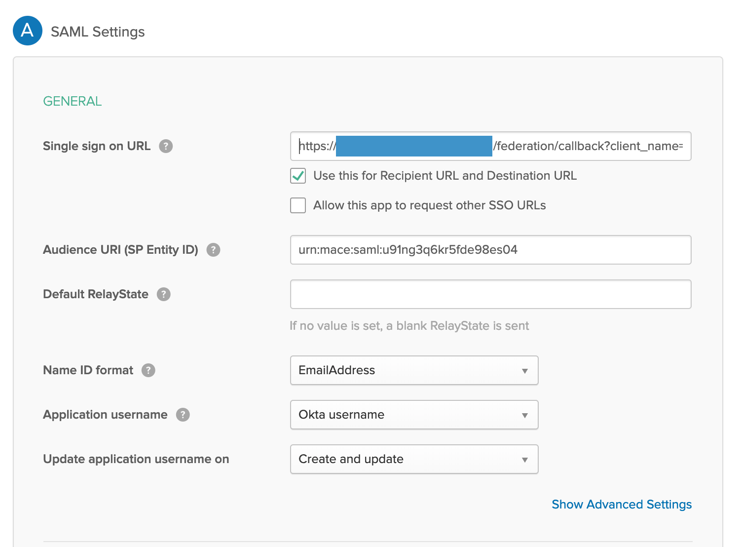 okta idp s05 SAML settings