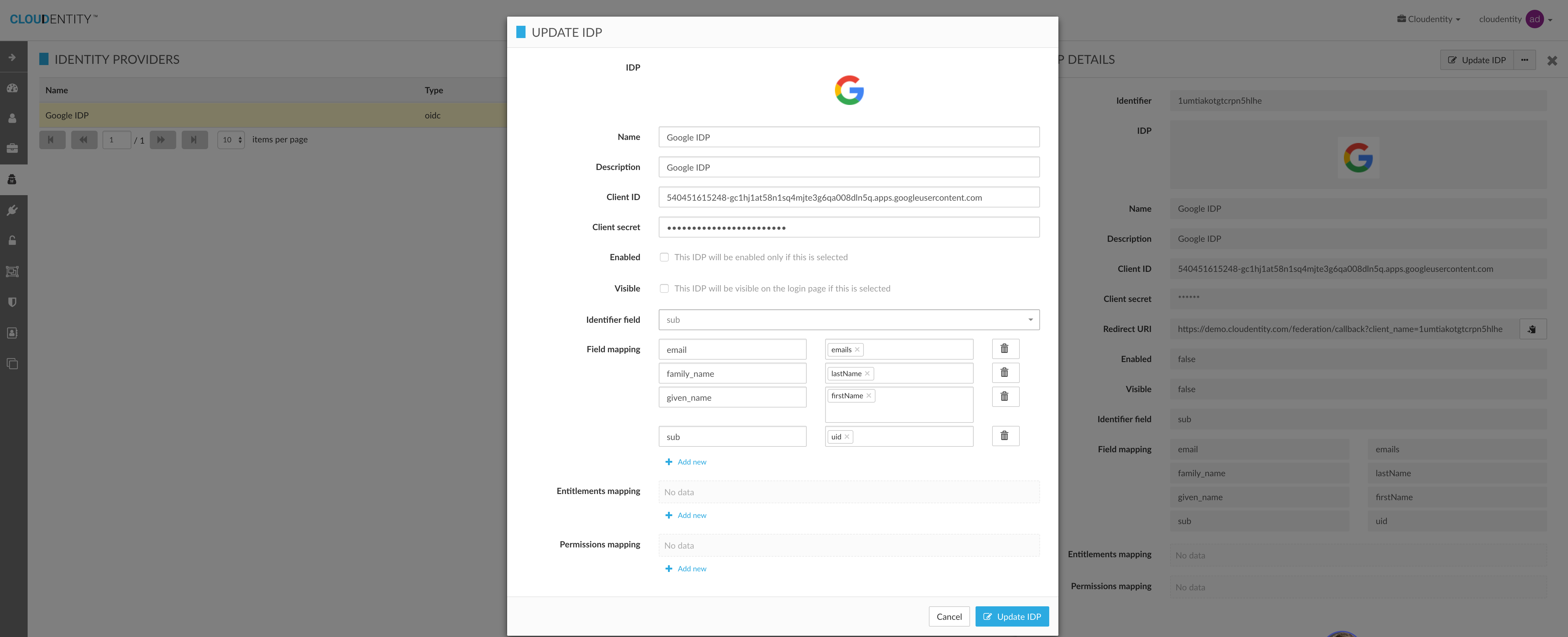 Update External Idp Configuration for Organization